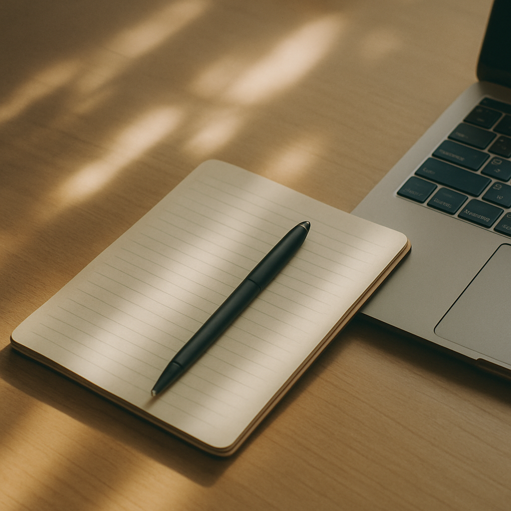 ノートとペンとノートPCが並んだワークスペースの写真